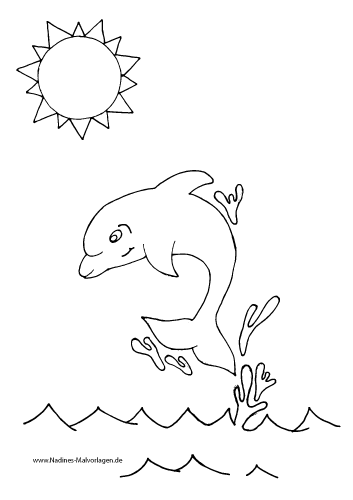 delfin springt im meer mit sonne  nadines ausmalbilder