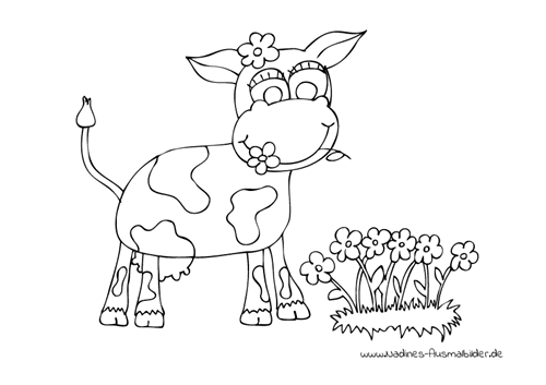 Gl\u00fcckliche Kuh auf Blumenwiese Nadines Ausmalbilder